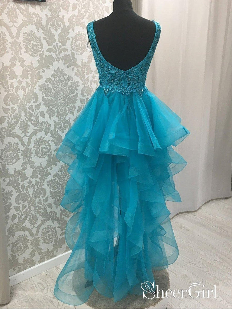quinceanera dresses short front long back Lace Beaded Tulle Front Short Long Back Prom Dress With Sleeves