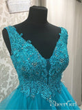Blue Beaded Lace High Low Prom Dresses Muti-Layered Organza Quinceanera Dresses APD3415-SheerGirl