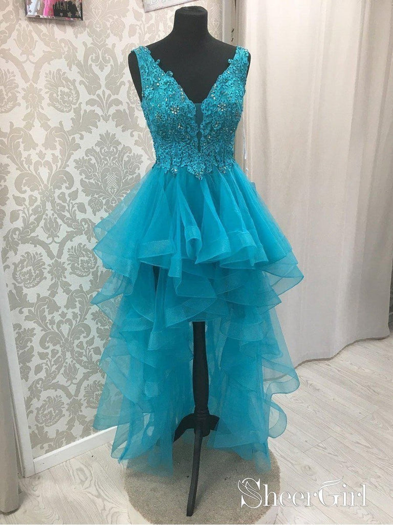 Blue Beaded Lace High Low Prom Dresses Muti-Layered Organza Quinceanera Dresses SheerGirl Blue Beaded Lace High Low Prom Dresses Muti-Layered Organza Quinceanera Dresses SheerGirl