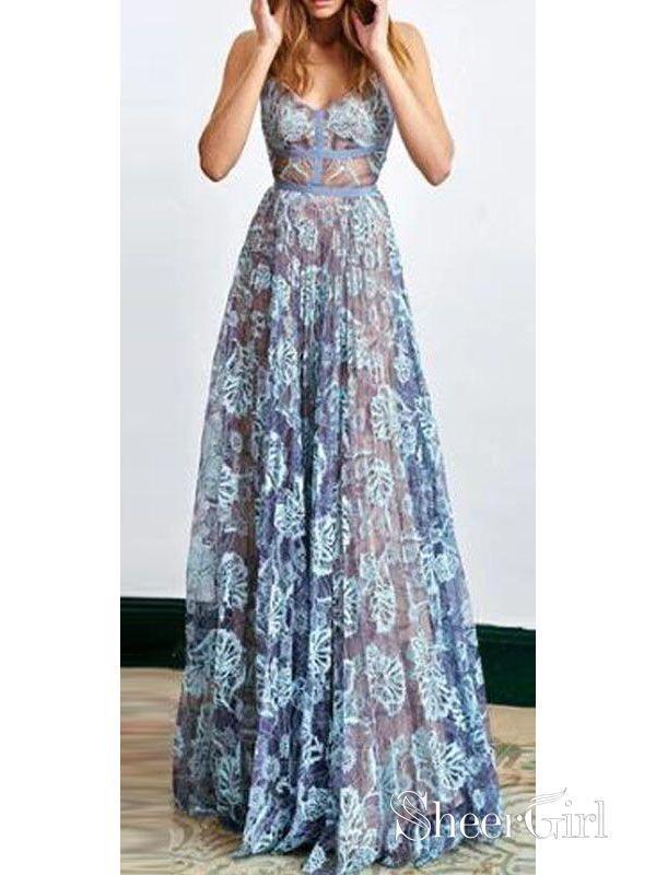 Blue Floral Lace Prom Dresses See Through Cheap Backless Formal Dresses AWD1051 Blue Floral Lace Prom Dresses See Through Cheap Backless Formal Dresses AWD1051