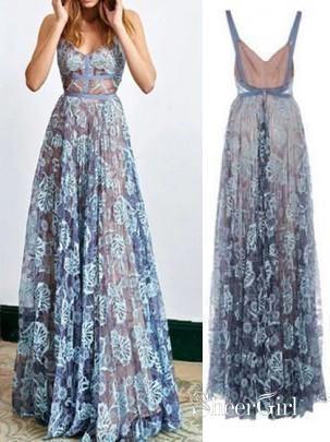 Blue Floral Lace Prom Dresses See Through Cheap Backless Formal Dresses AWD1051-SheerGirl
