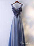 Blue Tulle Long Prom Dresses V Neck Lace Appliqued Cheap Beaded Formal Dresses ARD1323-SheerGirl