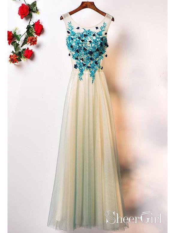 Blue Tulle Long Prom Dresses V Neck Lace Appliqued Cheap Beaded Formal Dresses ARD1323-SheerGirl