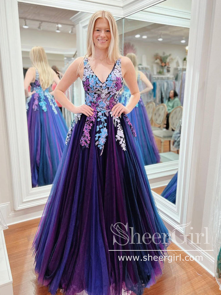 Blue/Purple Ombre Tulle Prom Dress, V Neck Lace Appliqued Pageant Dres –  SheerGirl
