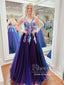 Modrofialové tylové šaty na ples, krajkové šaty s výstřihem do V, ARD2922