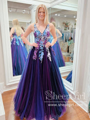 fitted lace wedding dress Blue/Purple Ombre Tulle Prom Dress, V Neck Lace Appliqued Pageant Dress,ARD2922
