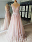 Blus Pink Beaded Prom Dresses Tulle See Through Long Formal Dresses APD3515