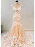 Blush Mermaid Wedding Dresses Ivory Lace Appliqued Trumpet Wedding Dress AWD1226-SheerGirl