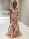 Blush Pink 3D Butterfly Lace Long Prom Dresses With Cap Sleeve ARD1982-SheerGirl