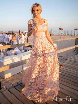 Blush Pink 3D Butterfly Lace Long Prom Dresses With Cap Sleeve ARD1982-SheerGirl