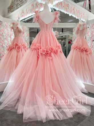Blush Pink 3D Flowers A Line Prom Dresses Sweetheart Neck Long Formal Dress with Feather ARD2909-SheerGirl
