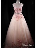 Blush Pink Applique Princess Quinceanera Ball Gown Long See Through Prom Dresses ARD1050-SheerGirl