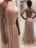 Blush Pink Cape Sleeve Long Prom Dresses with Pearls ARD1978-SheerGirl