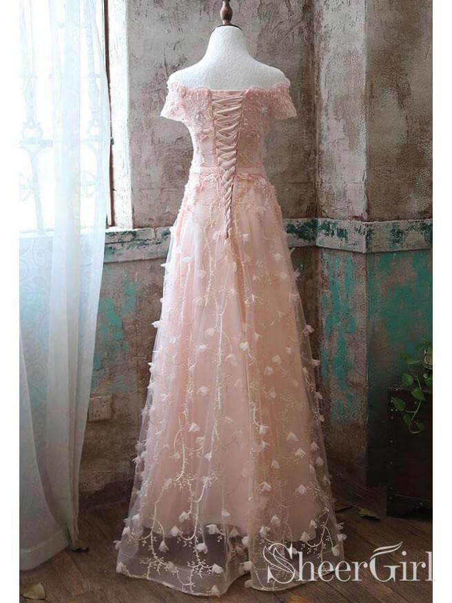Blush Pink Floral Lace Long Prom Dresses Short Sleeve Formal Dress ARD1989 Blush Pink Floral Lace Long Prom Dresses Short Sleeve Formal Dress ARD1989