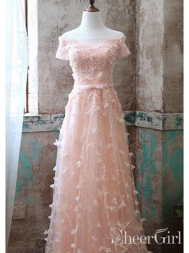 Blush Pink Floral Lace Long Prom Dresses Short Sleeve Formal Dress ARD1989