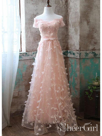 Blush Pink Floral Lace Long Prom Dresses Short Sleeve Formal Dress ARD1989-SheerGirl