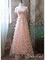 Blush Pink Floral Lace Long Prom Dresses Short Sleeve Formal Dress ARD1989