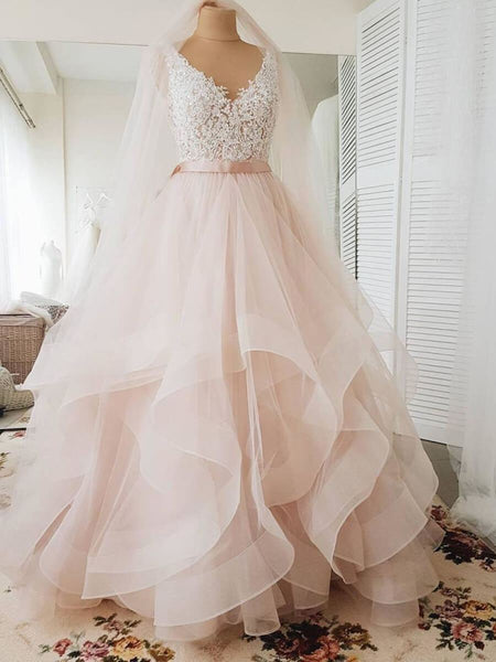 A Line Off Shoulder Pink Lace Prom Dresses, Pink Lace Wedding Dresses, –  Shiny Party