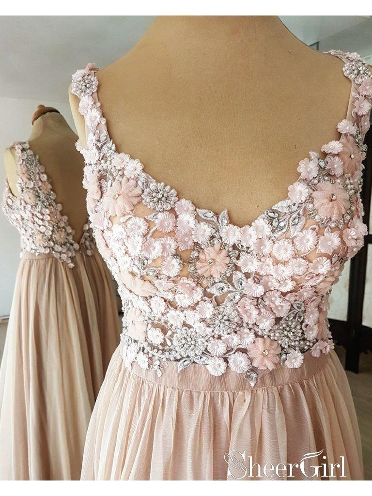 Blush Pink Long Prom Dresses Flower Applique Beaded Backless Formal Dresses APD3514 Blush Pink Long Prom Dresses Flower Applique Beaded Backless Formal Dresses APD3514