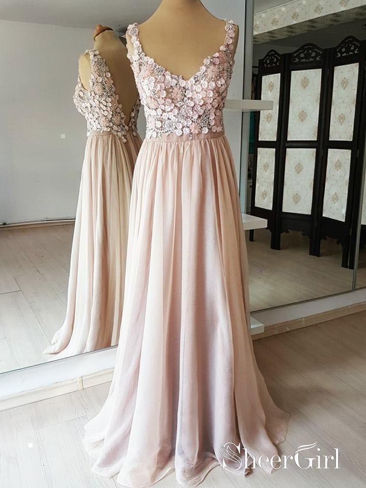 Blush Pink Long Prom Dresses Flower Applique Beaded Backless Formal Dresses APD3514 Blush Pink Long Prom Dresses Flower Applique Beaded Backless Formal Dresses APD3514