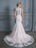Blush Pink Mermaid Wedding Dresses Lace Applique Beaded Vintage Wedding Dresses AWD1073-SheerGirl