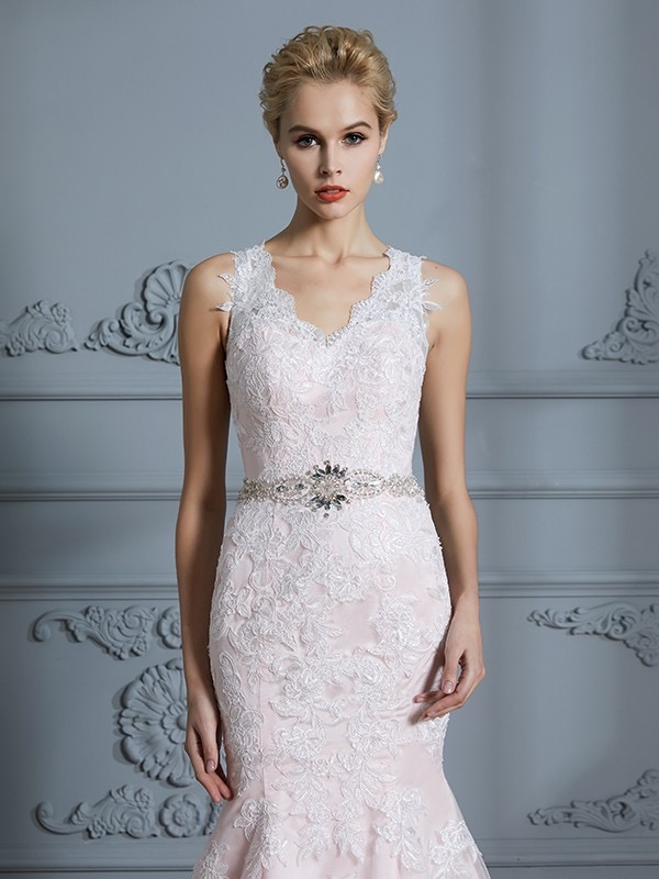 Blush Pink Mermaid Wedding Dresses Lace Applique Beaded Vintage Wedding Dresses AWD1073-SheerGirl