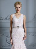 Blush Pink Mermaid Wedding Dresses Lace Applique Beaded Vintage Wedding Dresses AWD1073-SheerGirl