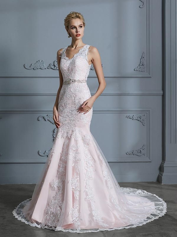 Blush Pink Mermaid Wedding Dresses Lace Applique Beaded Vintage Wedding Dresses AWD1073-SheerGirl