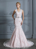 Blush Pink Mermaid Wedding Dresses Lace Applique Beaded Vintage Wedding Dresses AWD1073-SheerGirl