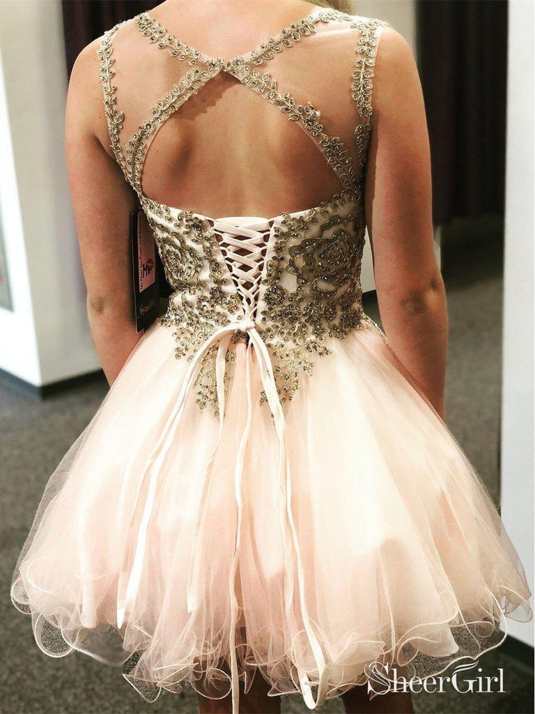 Blush Pink Organza Hoco Dress Gold Lace Applique Homecoming Dresses ARD1694-SheerGirl