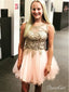 Blush Pink Organza Hoco Dress Gold Lace Applique Homecoming Dresses ARD1694
