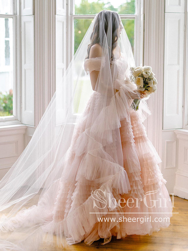 Blush Pink Pleated Cathedral Veils with Blusher ACC1173