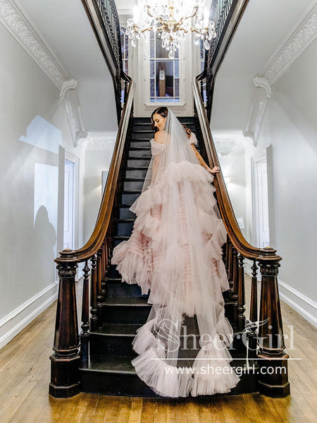 Blush Pink Pleated Cathedral Veils with Blusher ACC1173