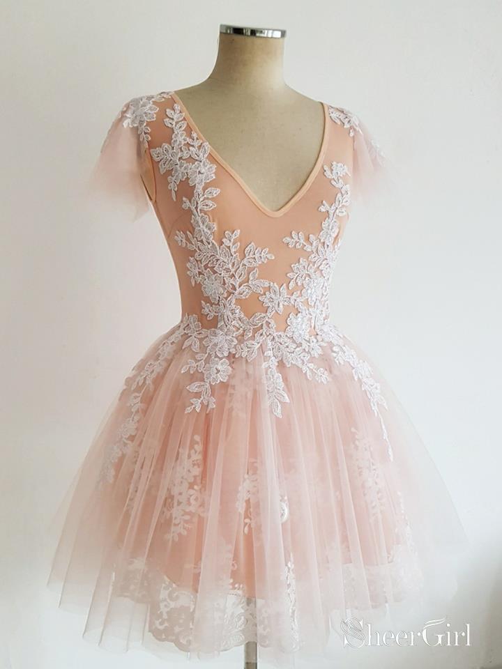 Blush Pink Short Homecoming Dresses Cheap Simple Lace Cute Homecoming Dresses APD3503-SheerGirl