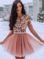 Blush Pink Krátké plesové šaty 3D květinové korálkové společenské šaty ARD2086 