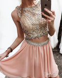Blush Pink Two Piece Beaded Homecoming Dresses Rhinestone Vintage Mini Hoco Dress ARD1792-SheerGirl