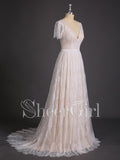 Bohemian Fitted Lace Beach Wedding Dresses Short Sleeve Bridal Gowns SWD0073-SheerGirl