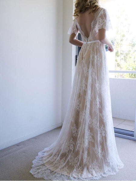 Bohemian Fitted Lace Beach Wedding Dresses Short Sleeve Bridal Gowns SWD0073 Bohemian Fitted Lace Beach Wedding Dresses Short Sleeve Bridal Gowns SWD0073