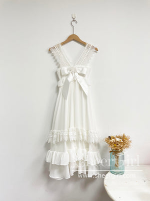 Bohemian Lace Bow Tie White Long Baby Dress Flower Girl Dresses ARD2817-SheerGirl