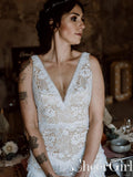 Bohemian Lace Mermaid Bridal Dress V Neck Ruffles Floor Length Wedding Dress AWD1681-SheerGirl
