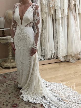 Bohemian Lace Wedding Dress Keyhole Back Long Sleeves Sheath Wedding Gown AWD1883-SheerGirl