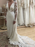 Bohemian Lace Wedding Dress Keyhole Back Long Sleeves Sheath Wedding Gown AWD1883-SheerGirl