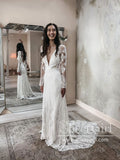 Bohemian Lace Wedding Dress Keyhole Back Long Sleeves Sheath Wedding Gown AWD1883-SheerGirl