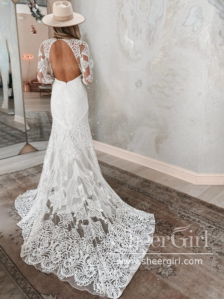 Bohemian Lace Wedding Dress Keyhole Back Long Sleeves Sheath Wedding Gown AWD1883