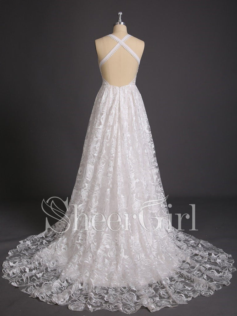 Boho Lace Beach Wedding Dresses Ivory Long Bohemian Wedding Dress AWD1036-SheerGirl