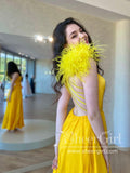 Bright Yellow Single Shoulder A Line Satin Prom Dress with High Slit and Feather Decoration ARD2875-SheerGirl