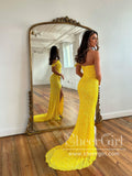 Bright Yellow Single Shoulder Sparkly Prom Dresses with Slit Sheath Formal Dress Party Dress ARD2903-SheerGirl