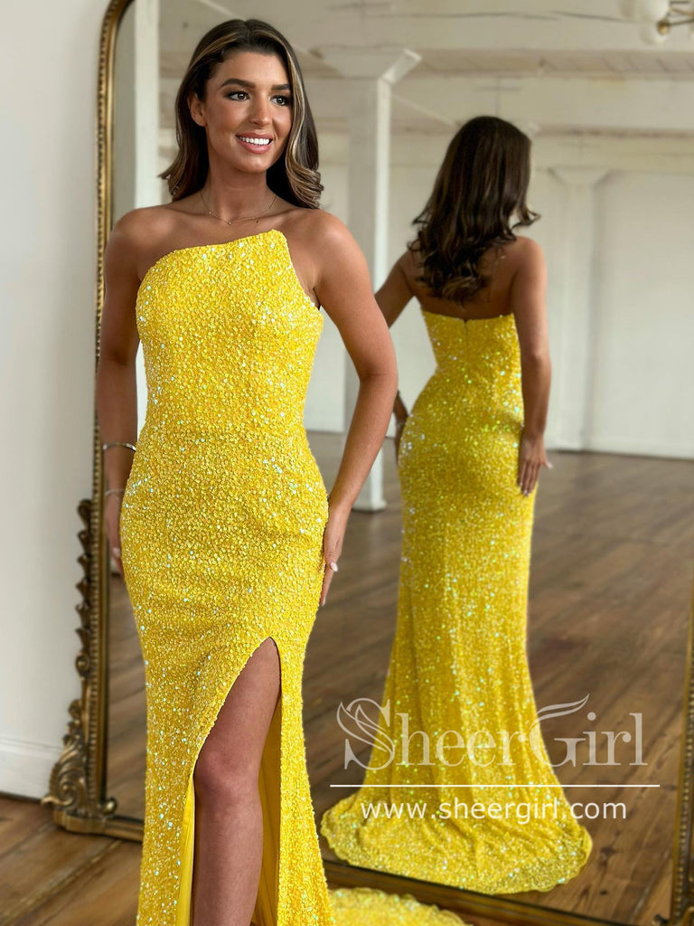 Bright Yellow Single Shoulder Sparkly Prom Dresses with Slit Sheath Formal Dress Party Dress ARD2903-SheerGirl