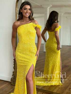 Bright Yellow Single Shoulder Sparkly Prom Dresses with Slit Sheath Formal Dress Party Dress ARD2903-SheerGirl