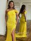 Zářivě žluté společenské šaty s jedním ramenem, třpytivé plesové šaty s rozparkem, společenské šaty ARD2903 